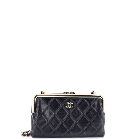 Chanel Logo Clasp Frame Clutch with Chain Quilted Lambskin Small Black - Picture 1 of 6